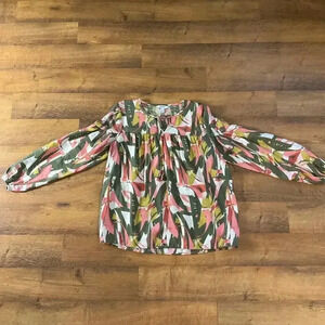 Nine West Women Top Tunic Shirred Long Sleeve Tie V Neck Pink Green Blouse Sz. M